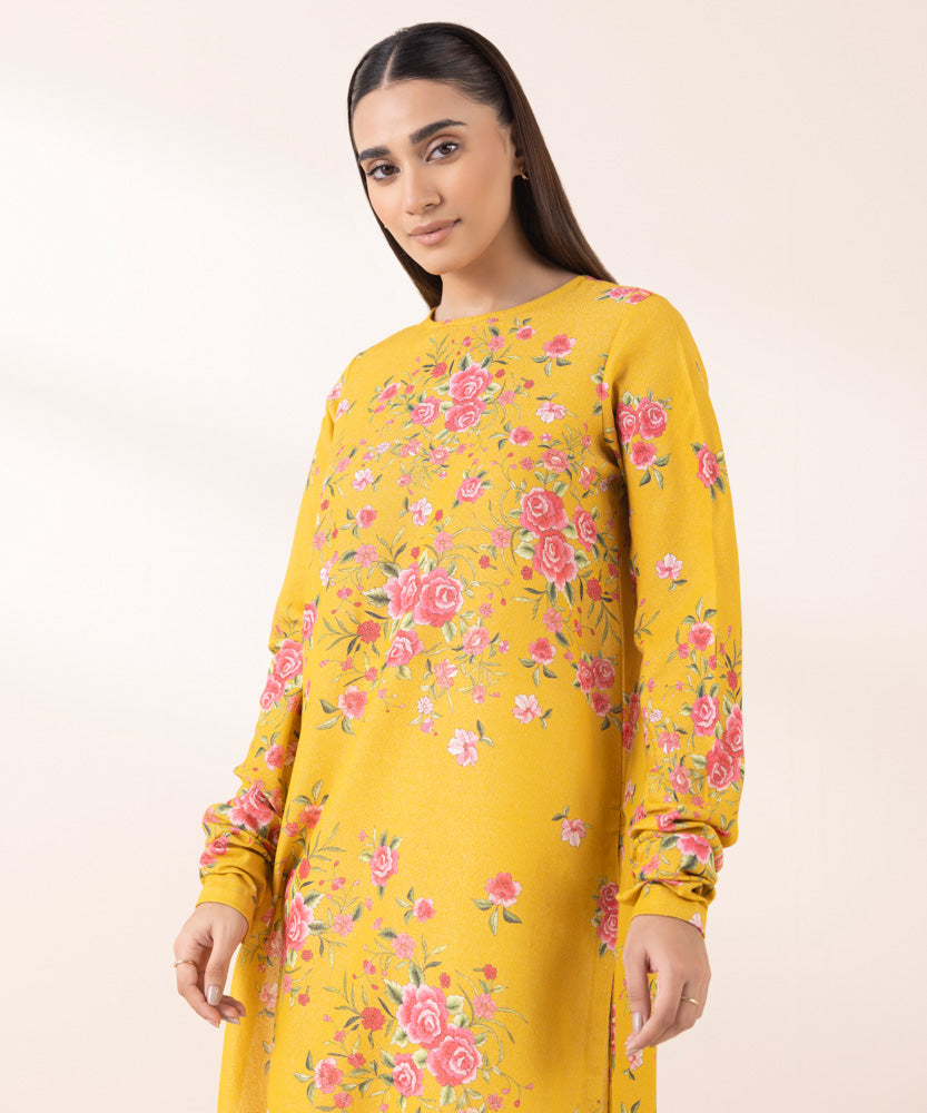 Women's Pret Printed Yellow Mustard Blended Karandi A Line Shirt