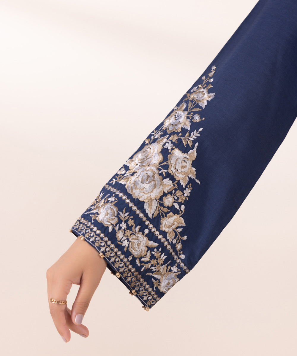 Women's Pret Linen Embroidered Navy Blue Straight Shirt