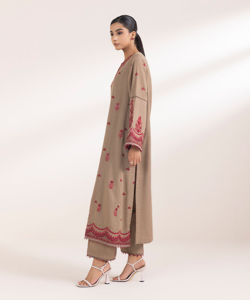 Women's Pret Solid Embroidered Peanut Brown Cotton Karandi A Line Shirt