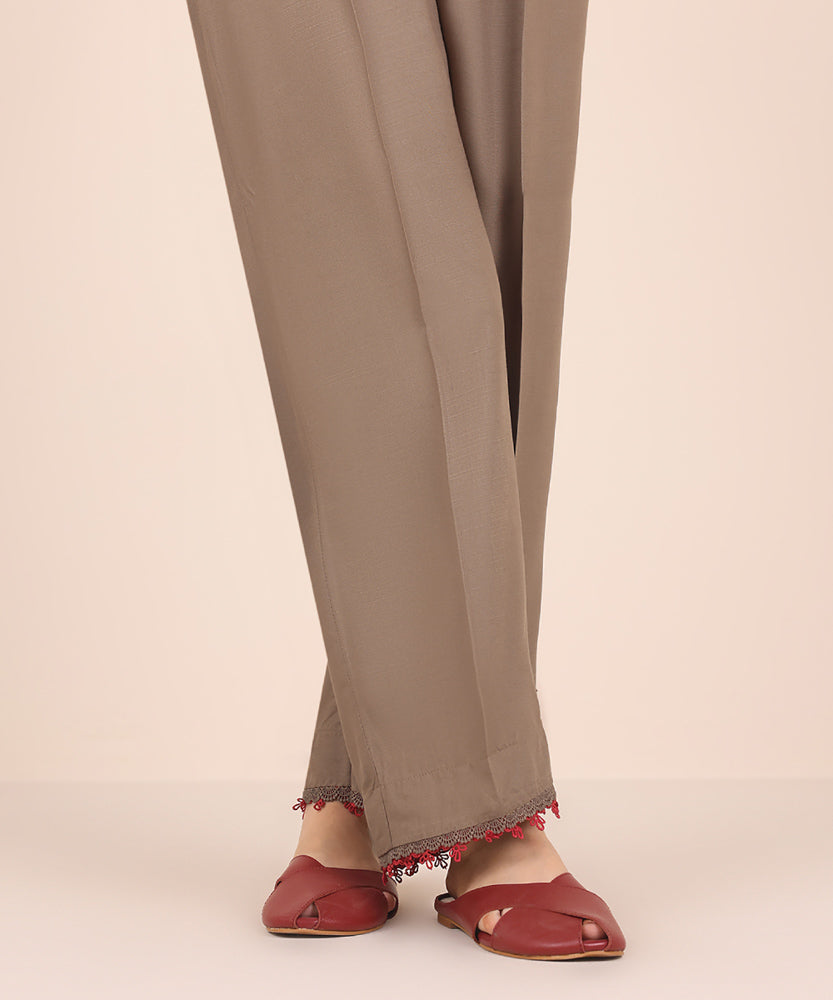 Women's Pret Solid Peanut Brown Dull Raw Silk Straight Trousers