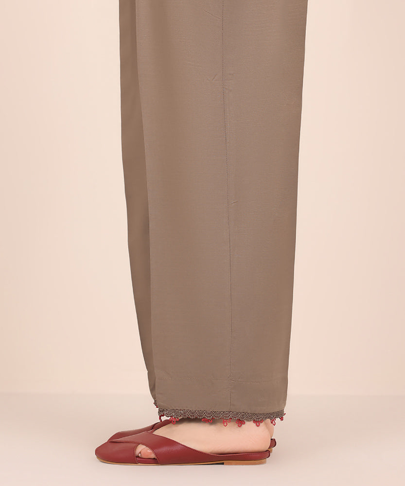 Women's Pret Solid Peanut Brown Dull Raw Silk Straight Trousers