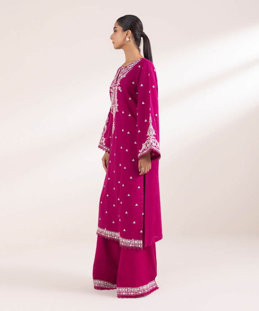 Women's Pret Solid Embroidered Magenta Cotton Karandi A Line Shirt