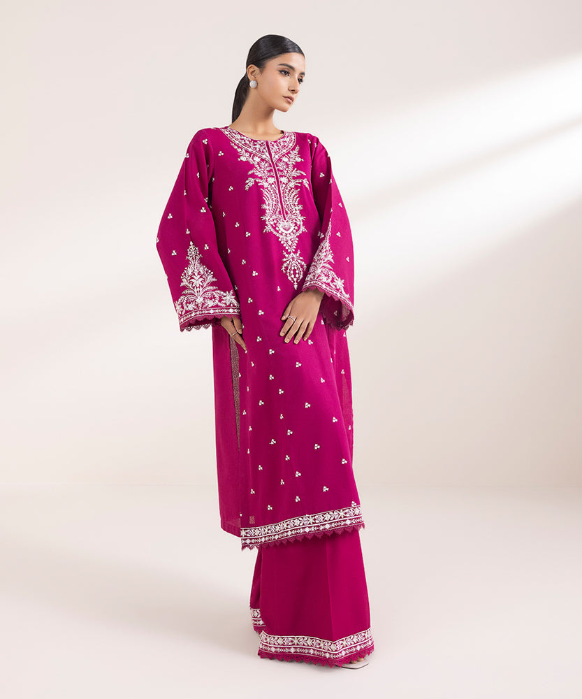 Women's Pret Solid Embroidered Magenta Cotton Karandi A Line Shirt