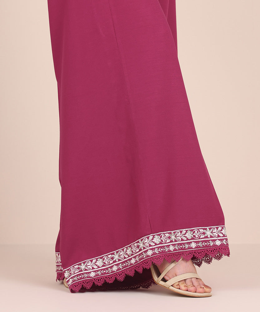 Women's Pret Solid Embroidered Magenta Dull Raw Silk Flared Trousers