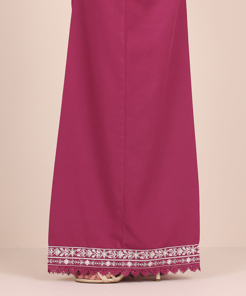 Women's Pret Solid Embroidered Magenta Dull Raw Silk Flared Trousers