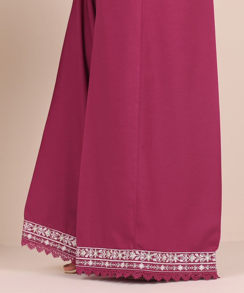 Women's Pret Solid Embroidered Magenta Dull Raw Silk Flared Trousers