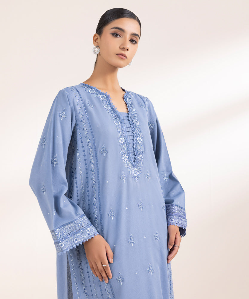 Women's Pret Solid Embroidered Blue Grey Cotton Karandi A Line Shirt