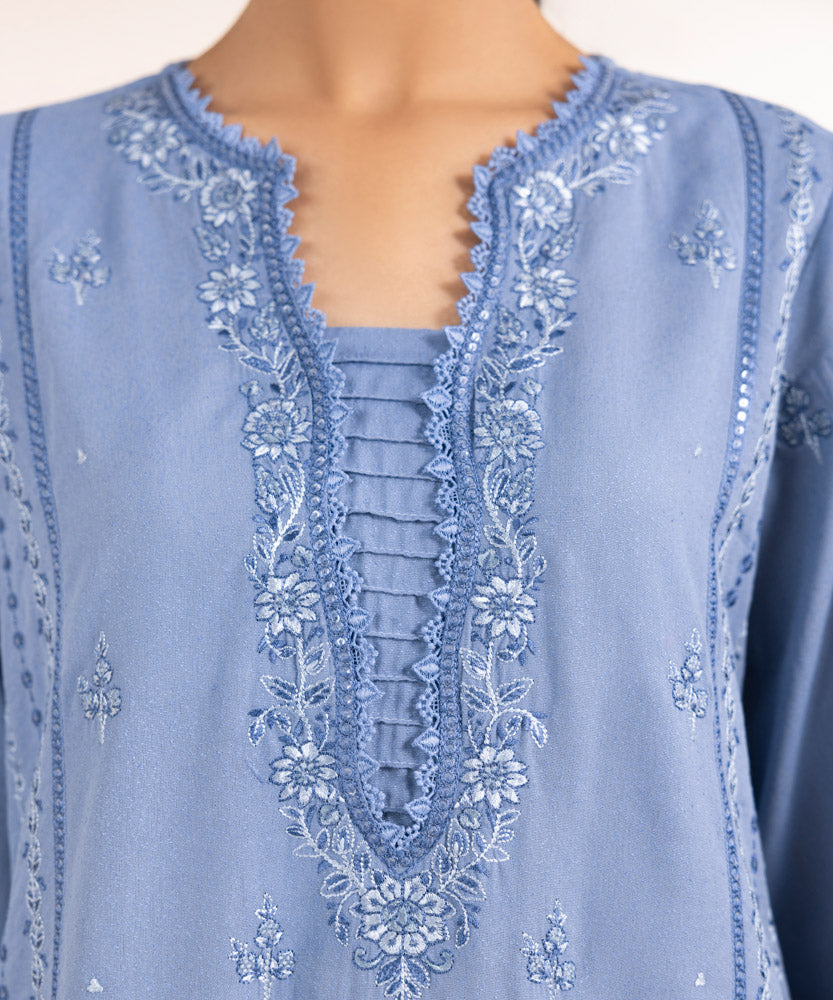 Women's Pret Solid Embroidered Blue Grey Cotton Karandi A Line Shirt