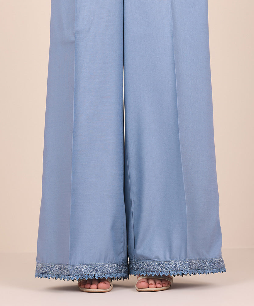 Women's Pret Solid Embroidered Blue Grey Dull Raw Silk Flared Trousers