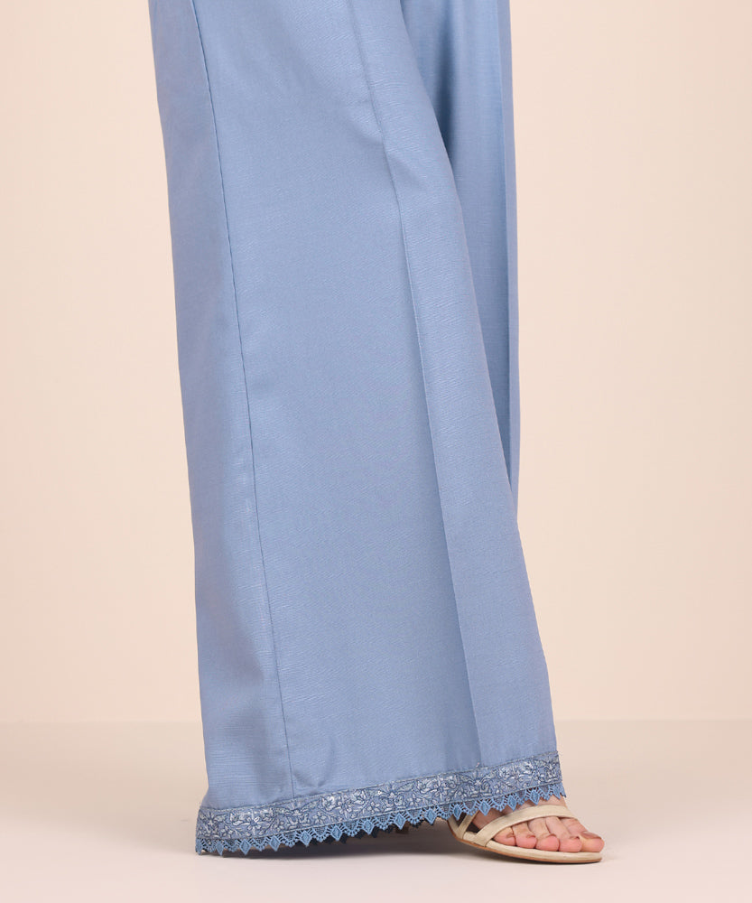 Women's Pret Solid Embroidered Blue Grey Dull Raw Silk Flared Trousers