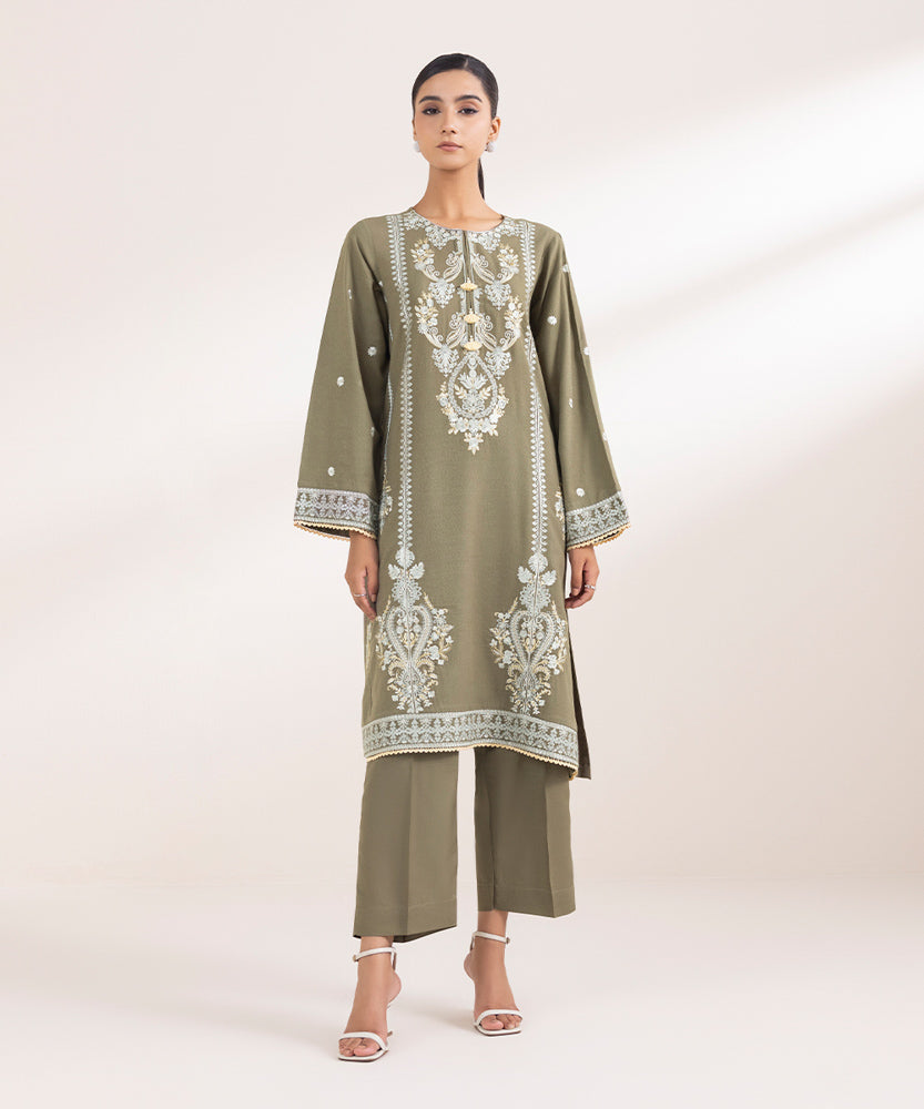 Women's Pret Solid Embroidered Olive Green Cotton Karandi A Line Shirt