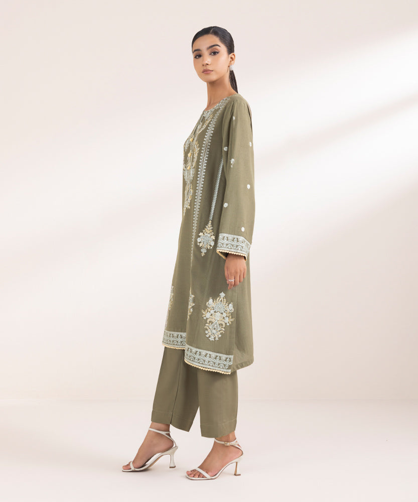 Women's Pret Solid Embroidered Olive Green Cotton Karandi A Line Shirt