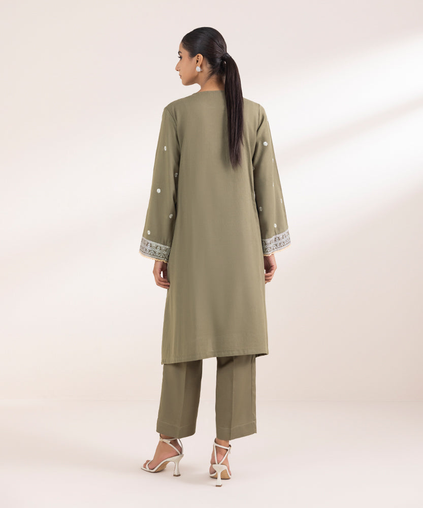 Women's Pret Solid Embroidered Olive Green Cotton Karandi A Line Shirt