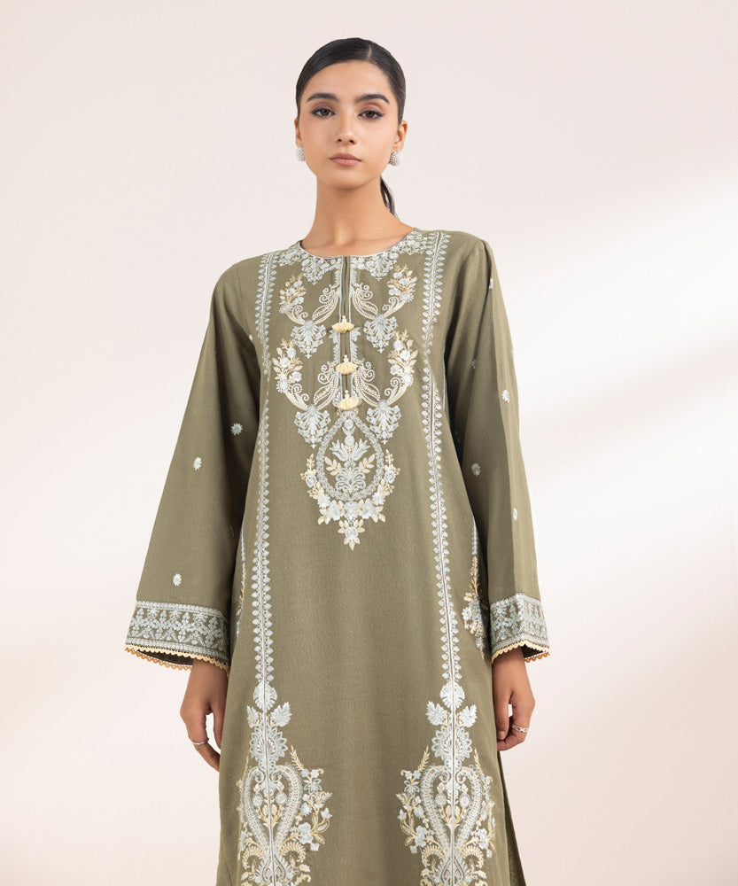 Women's Pret Solid Embroidered Olive Green Cotton Karandi A Line Shirt