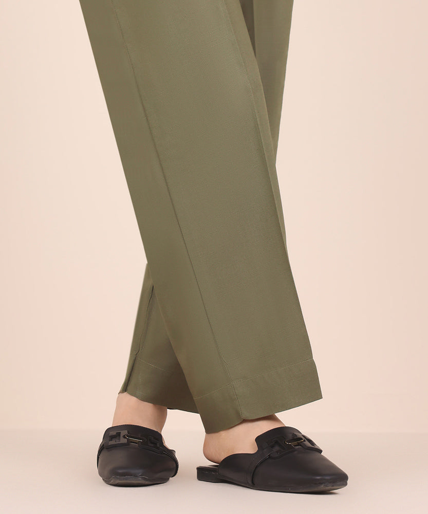 Women's Pret Solid Embroidered Olive Green Dull Raw Silk Straight Trousers