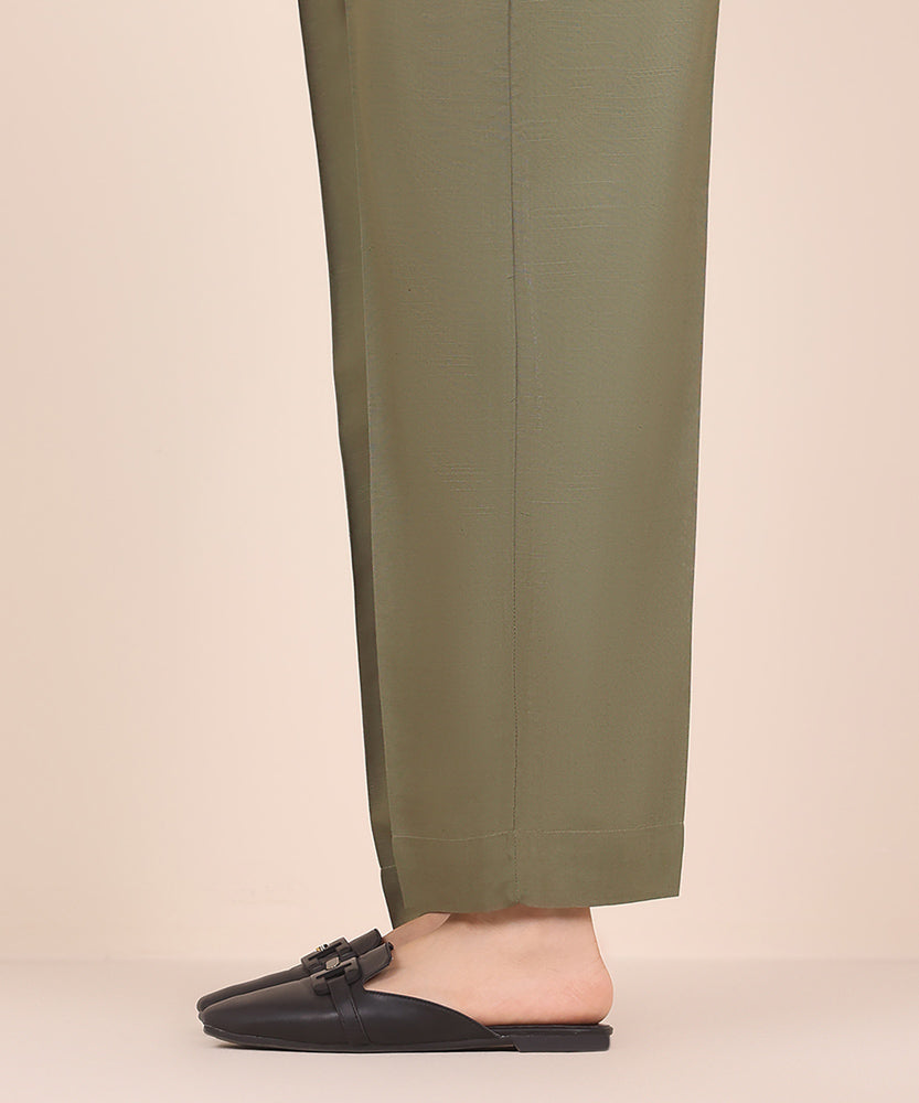 Women's Pret Solid Embroidered Olive Green Dull Raw Silk Straight Trousers