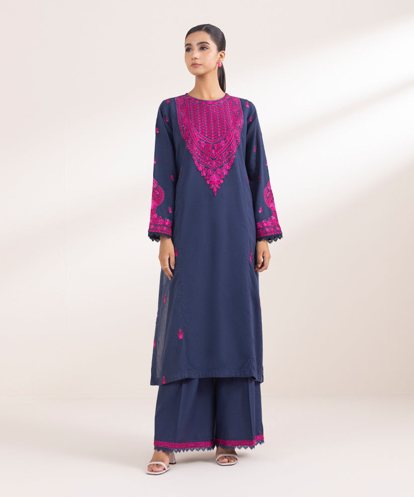 Women's Pret Solid Embroidered Navy Blue Cotton Karandi A Line Shirt