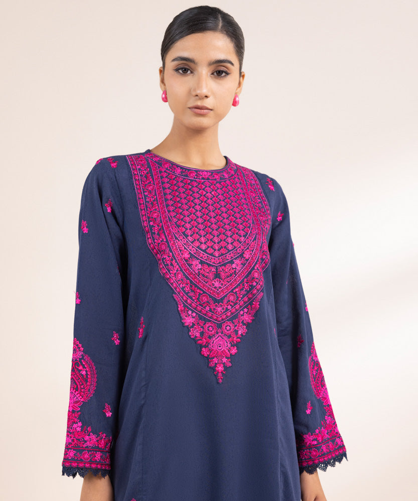 Women's Pret Solid Embroidered Navy Blue Cotton Karandi A Line Shirt