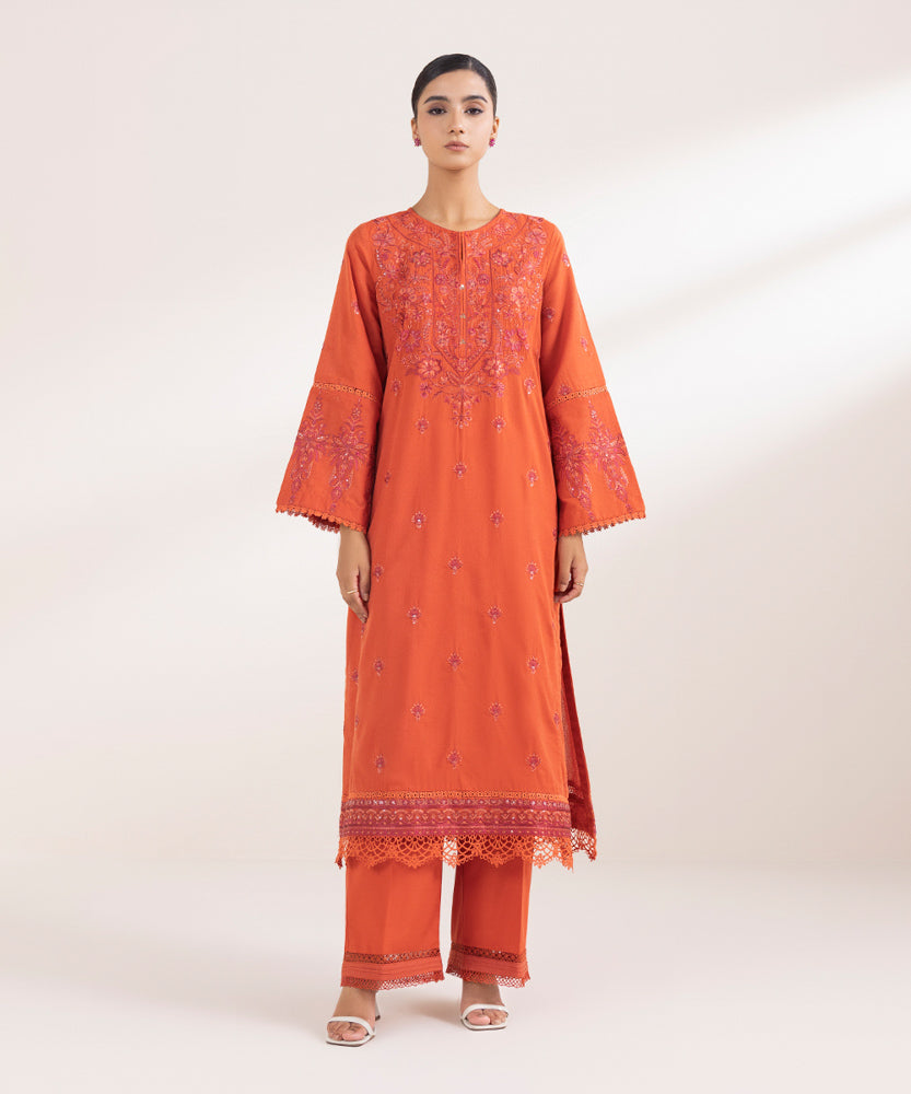 Women's Pret Solid Embroidered Tangerine Cotton Karandi A Line Shirt