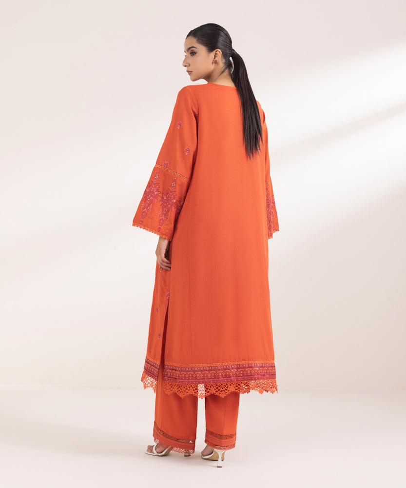 Women's Pret Solid Embroidered Tangerine Cotton Karandi A Line Shirt