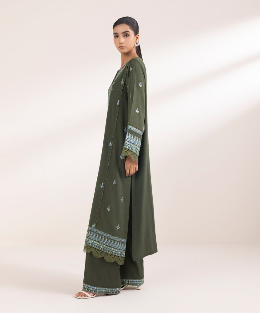 Women's Pret Solid Embroidered Basil Green Cotton Karandi A Line Shirt