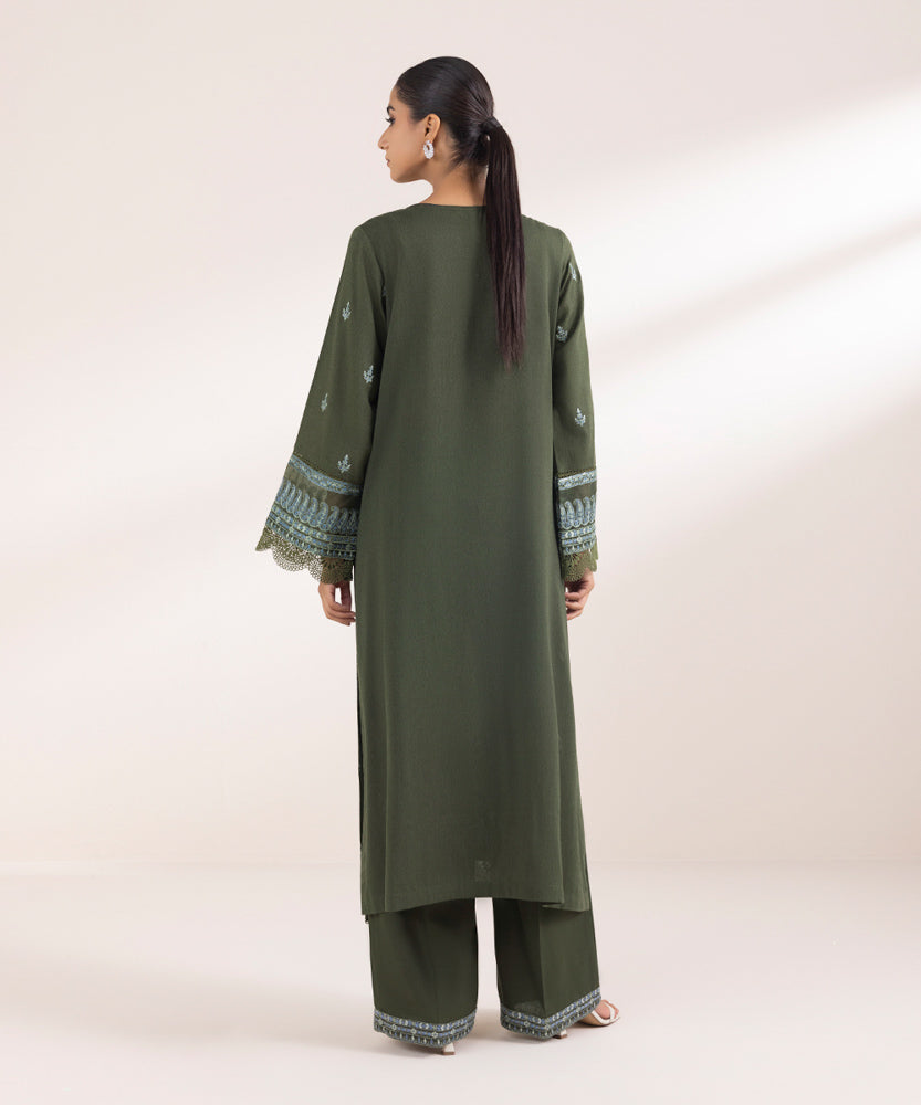 Women's Pret Solid Embroidered Basil Green Cotton Karandi A Line Shirt