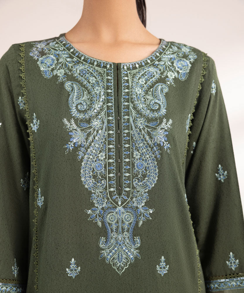 Women's Pret Solid Embroidered Basil Green Cotton Karandi A Line Shirt