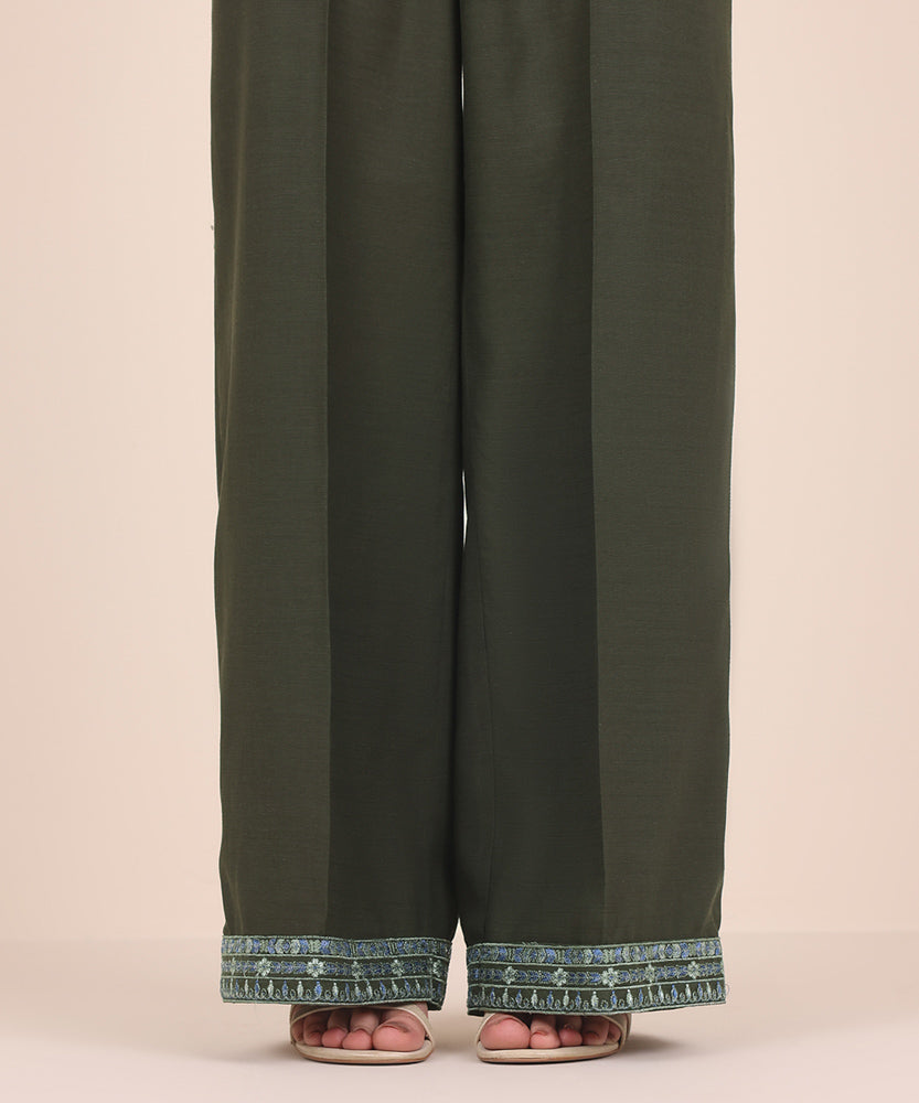 Women's Pret Solid Embroidered Basil Green Dull Raw Silk Culotte Trousers