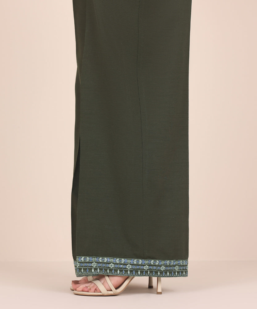 Women's Pret Solid Embroidered Basil Green Dull Raw Silk Culotte Trousers