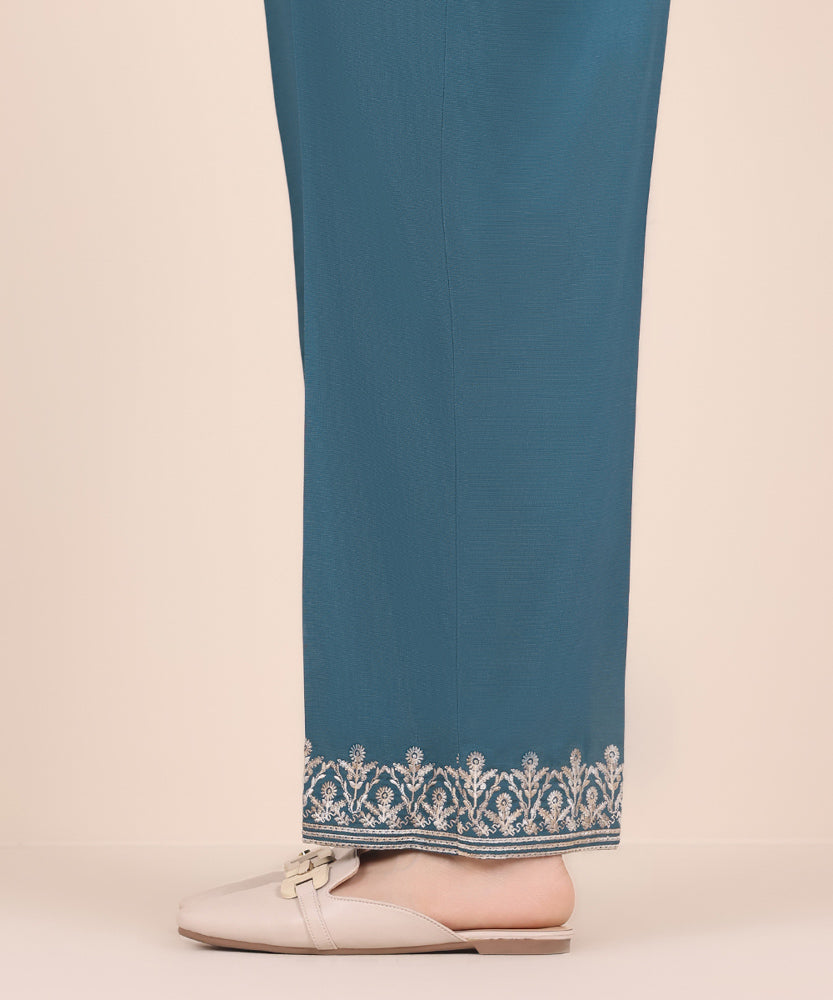 Women's Pret Solid Embroidered Deep Teal Dull Raw Silk Straight Trousers