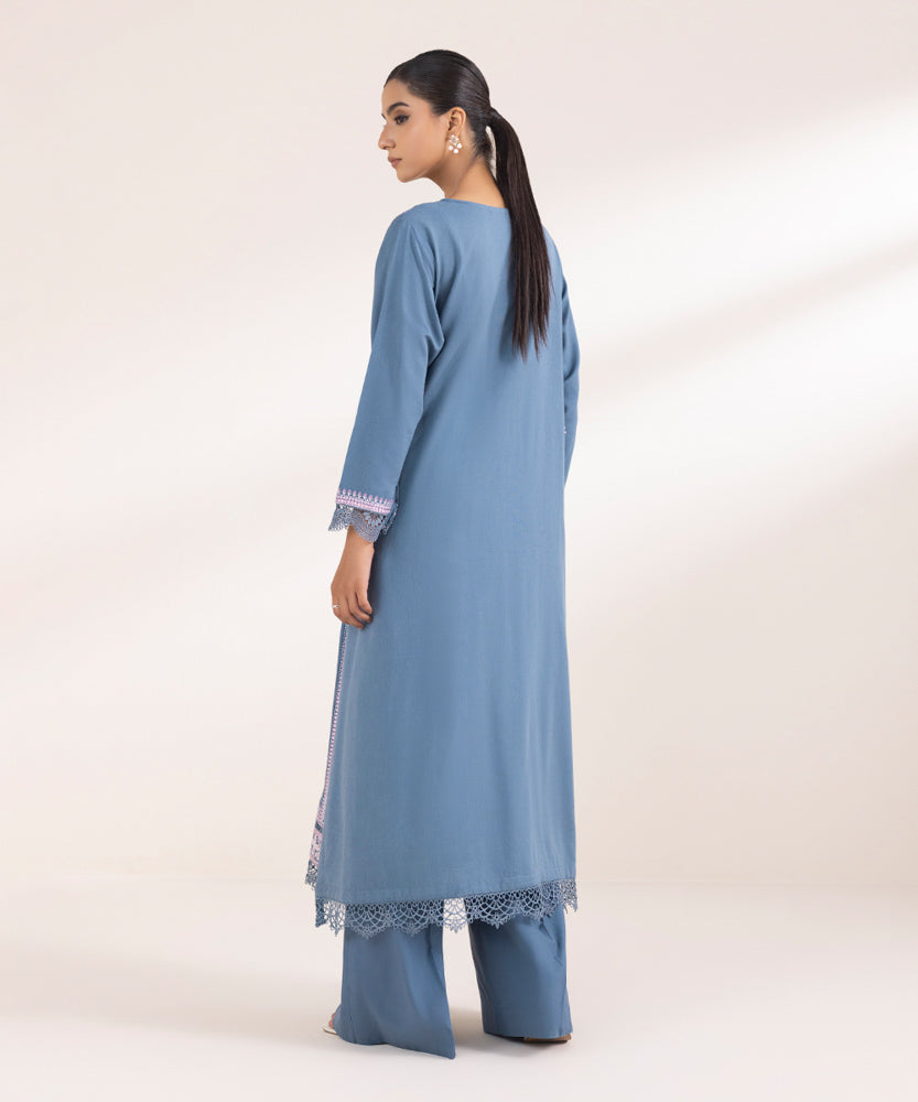 Women's Pret Solid Embroidered Blue Grey Cotton Karandi A Line Shirt