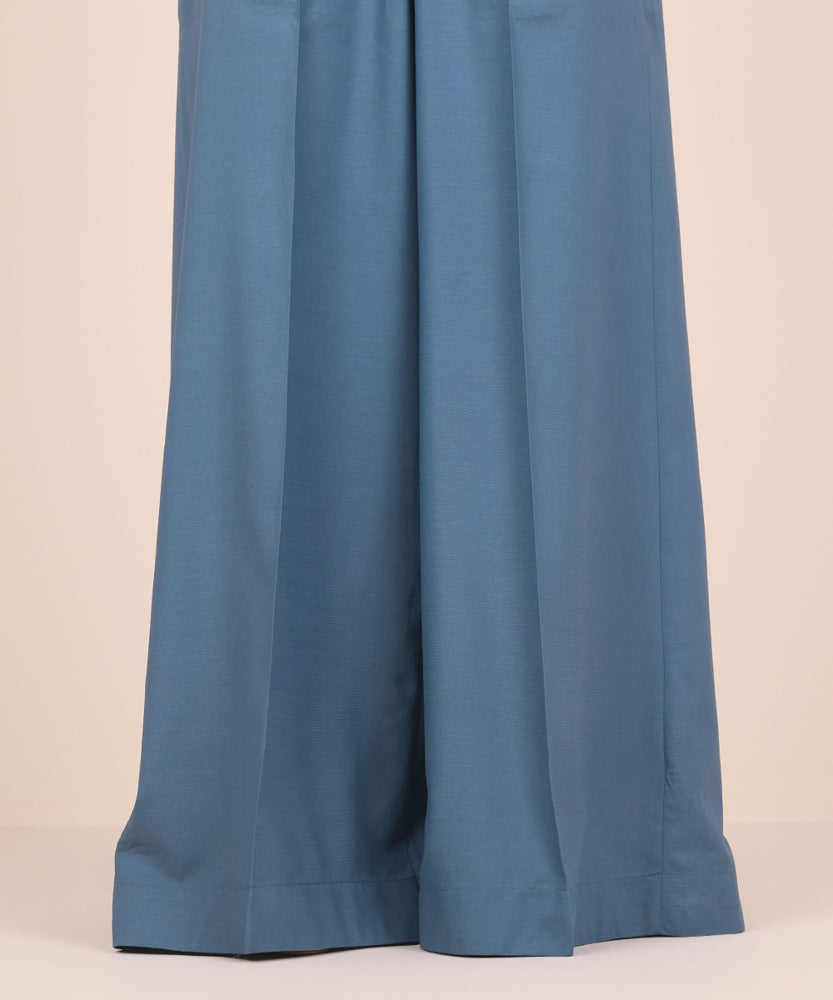 Women's Pret Solid Blue Grey Dull Raw Silk Flared Trousers