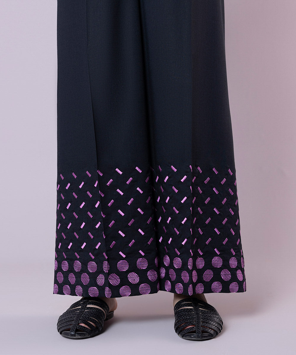 Women's Pret Cotton Viscose Embroidered Black Culottes