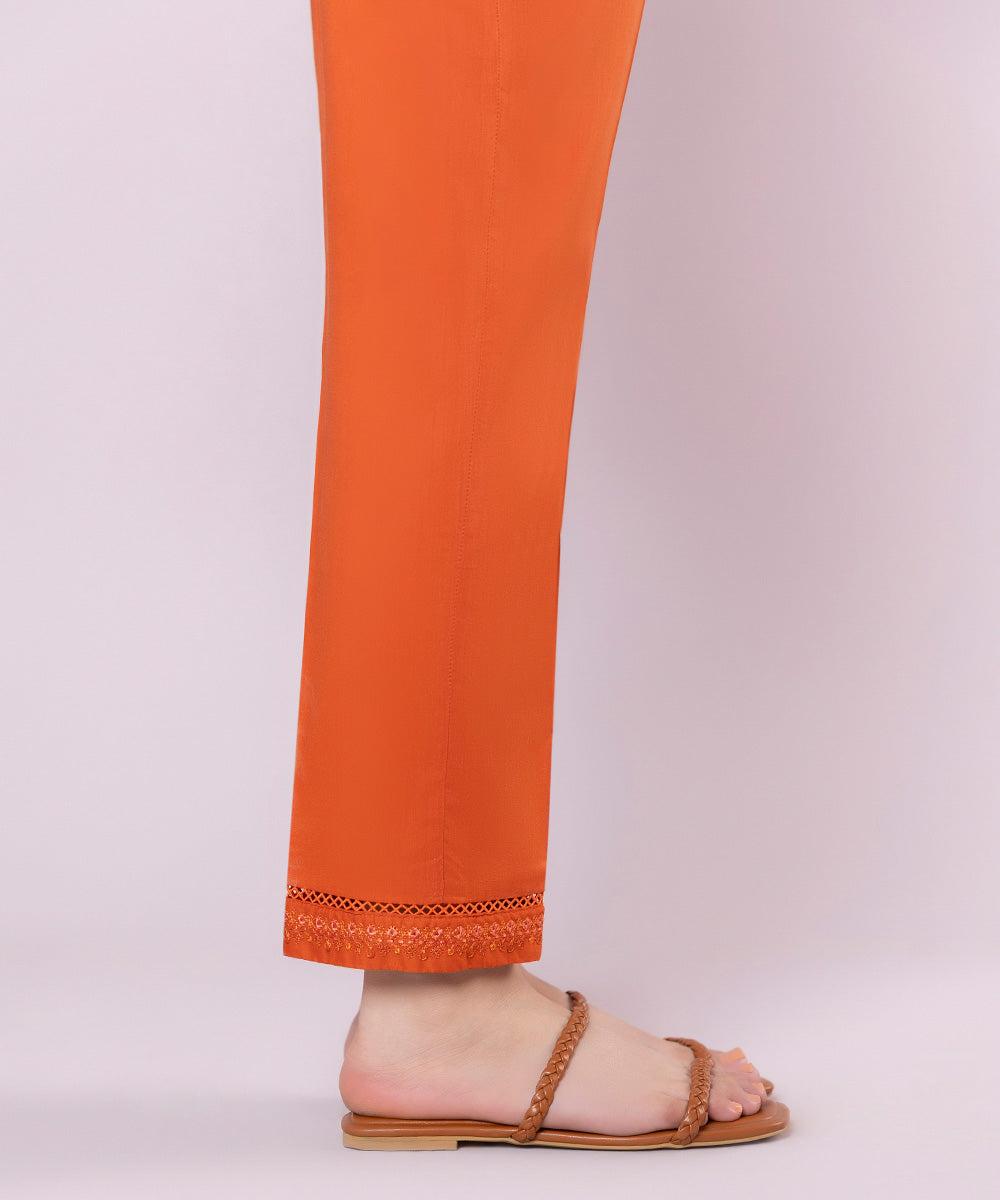 Women's Pret Cotton Viscose Embroidered Orange Cigarette Pants