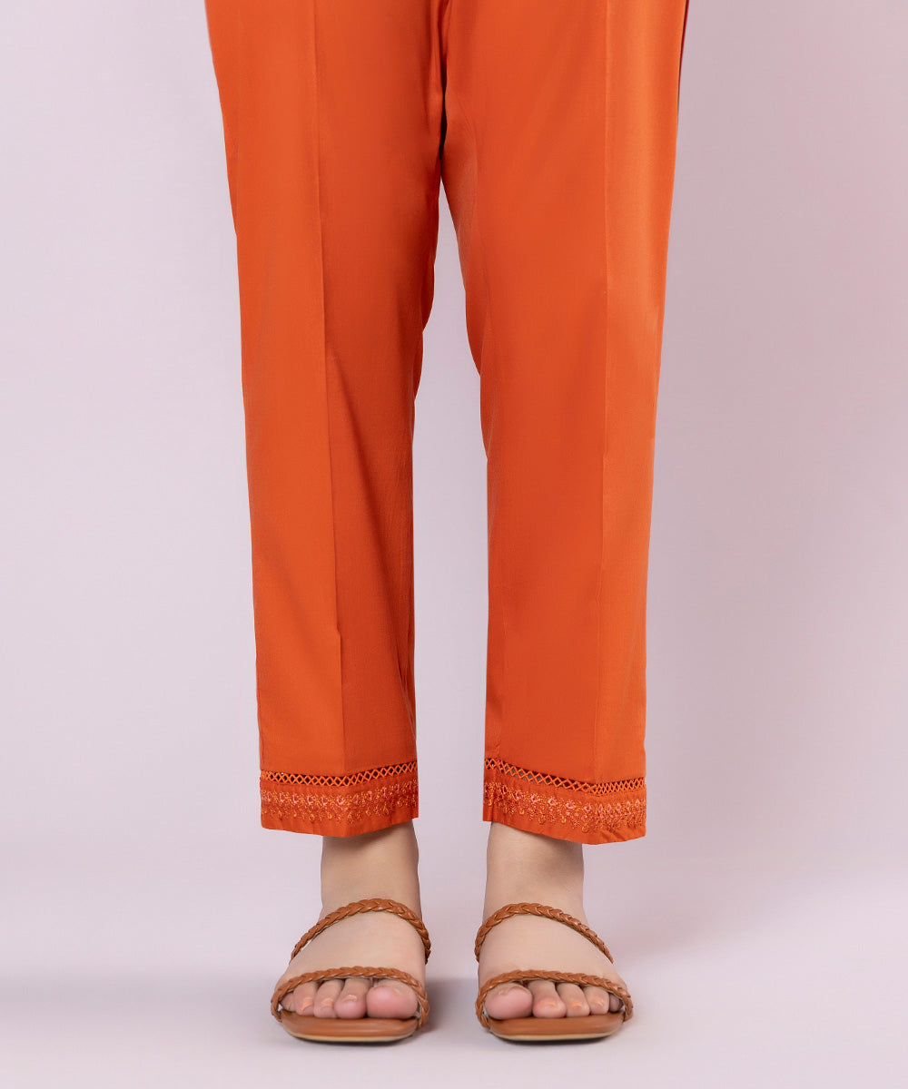 Women's Pret Cotton Viscose Embroidered Orange Cigarette Pants