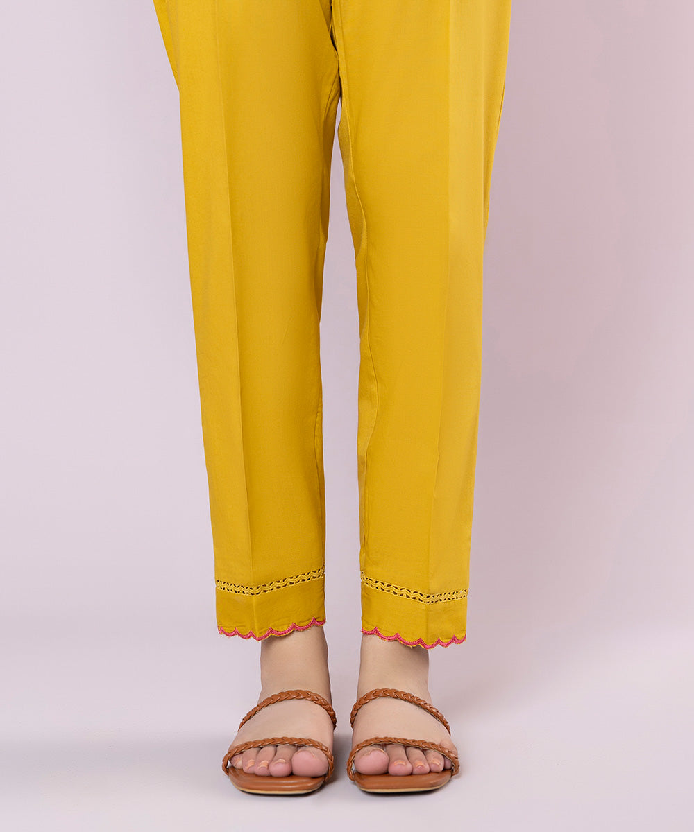 Women's Pret Cambric Embroidered Yellow Cigarette Pants