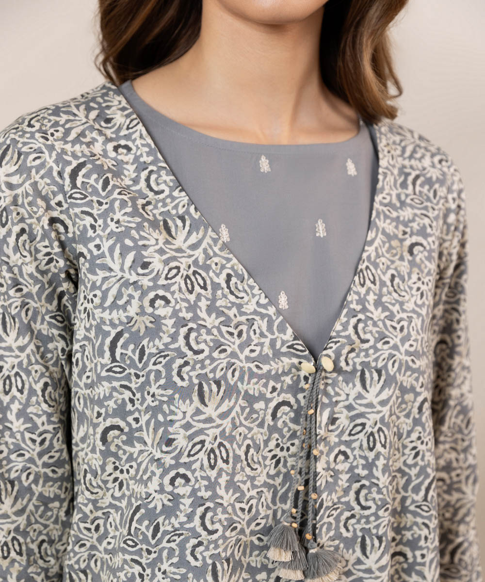 Women's Pret Cambric Printed Grey Front Open Jacket