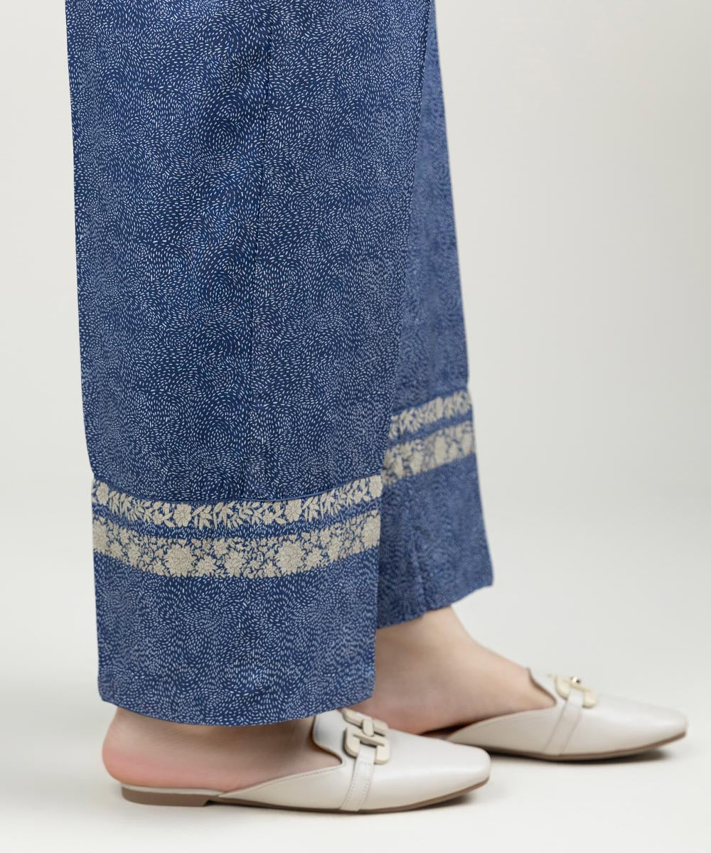 Women's Pret Linen Printed Blue Straight Pants