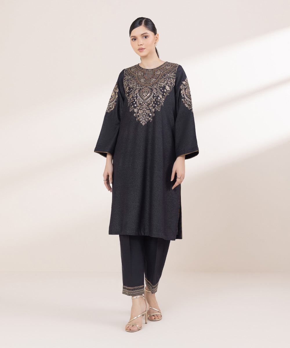 Women's Pret Linen Embroidered Black Straight Shirt