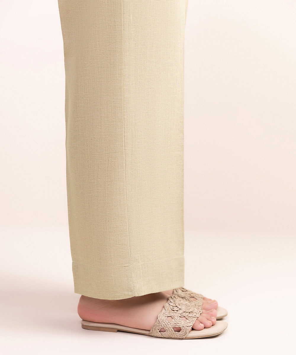 Women's Pret Cotton Linen Beige Solid Straight Pants