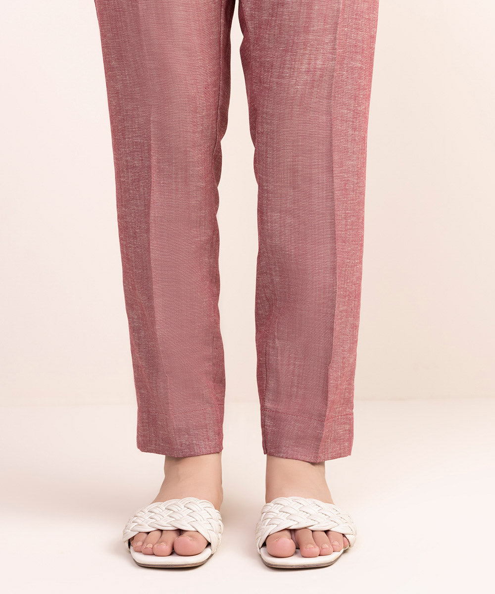 Women's Pret Cotton Linen Pink Solid Cigarette Pants