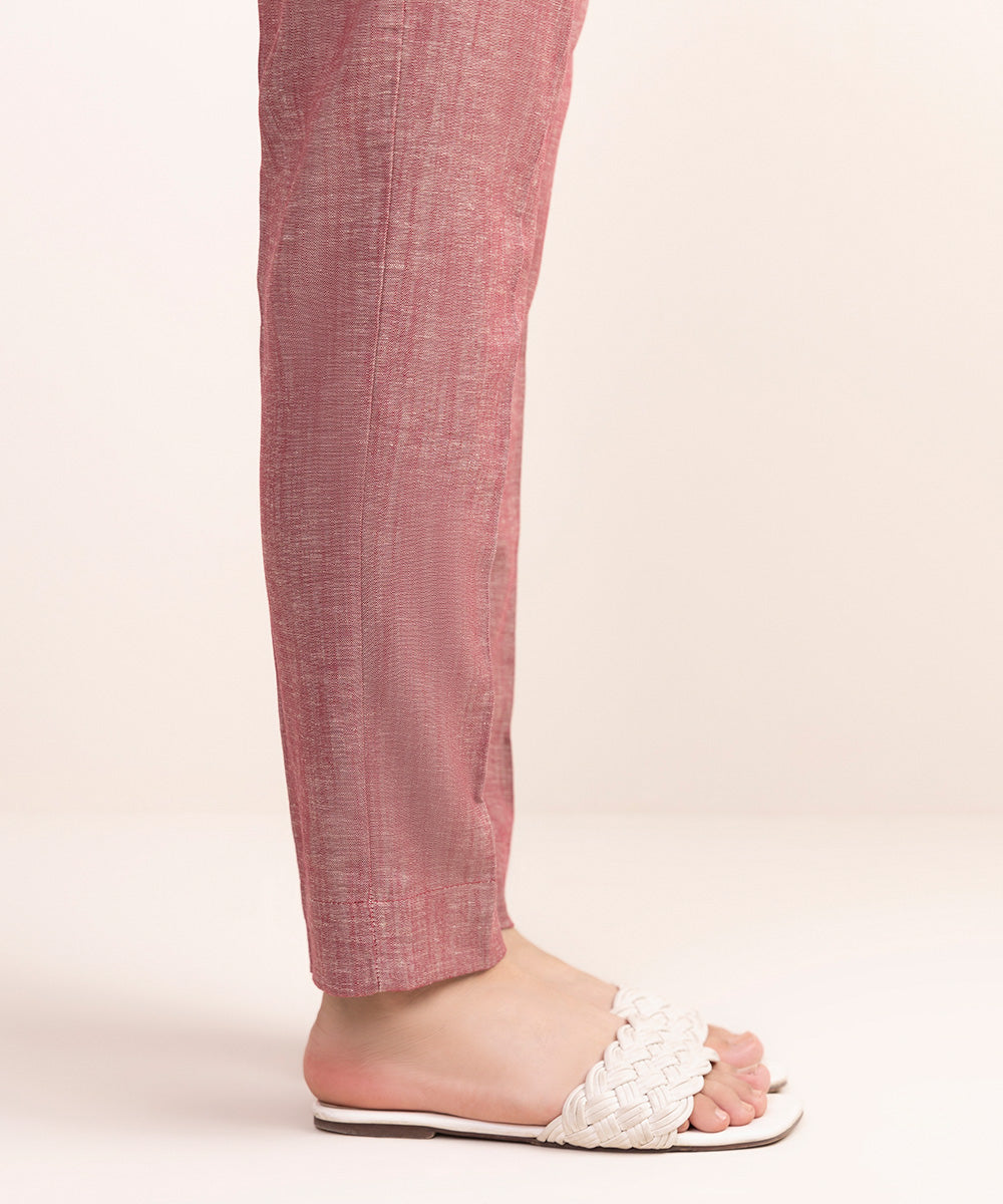 Women's Pret Cotton Linen Pink Solid Cigarette Pants