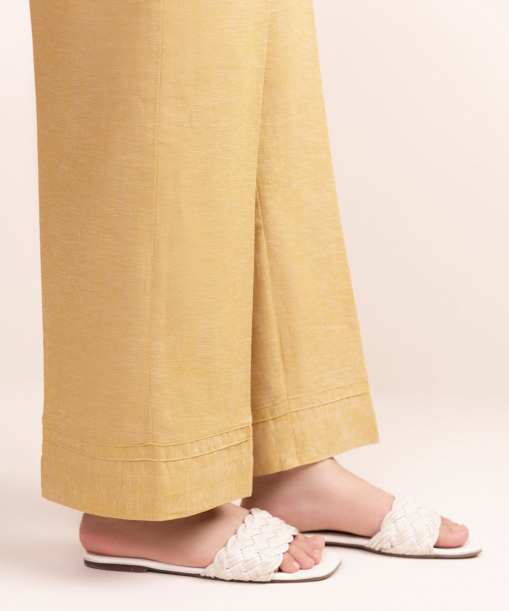 Women's Pret Cotton Linen Yellow Solid Straight Pants