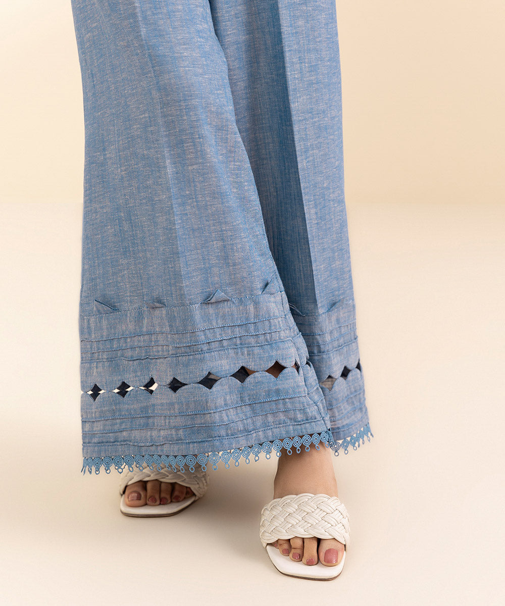 Women's Pret Cotton Linen Blue Solid Flared Pants