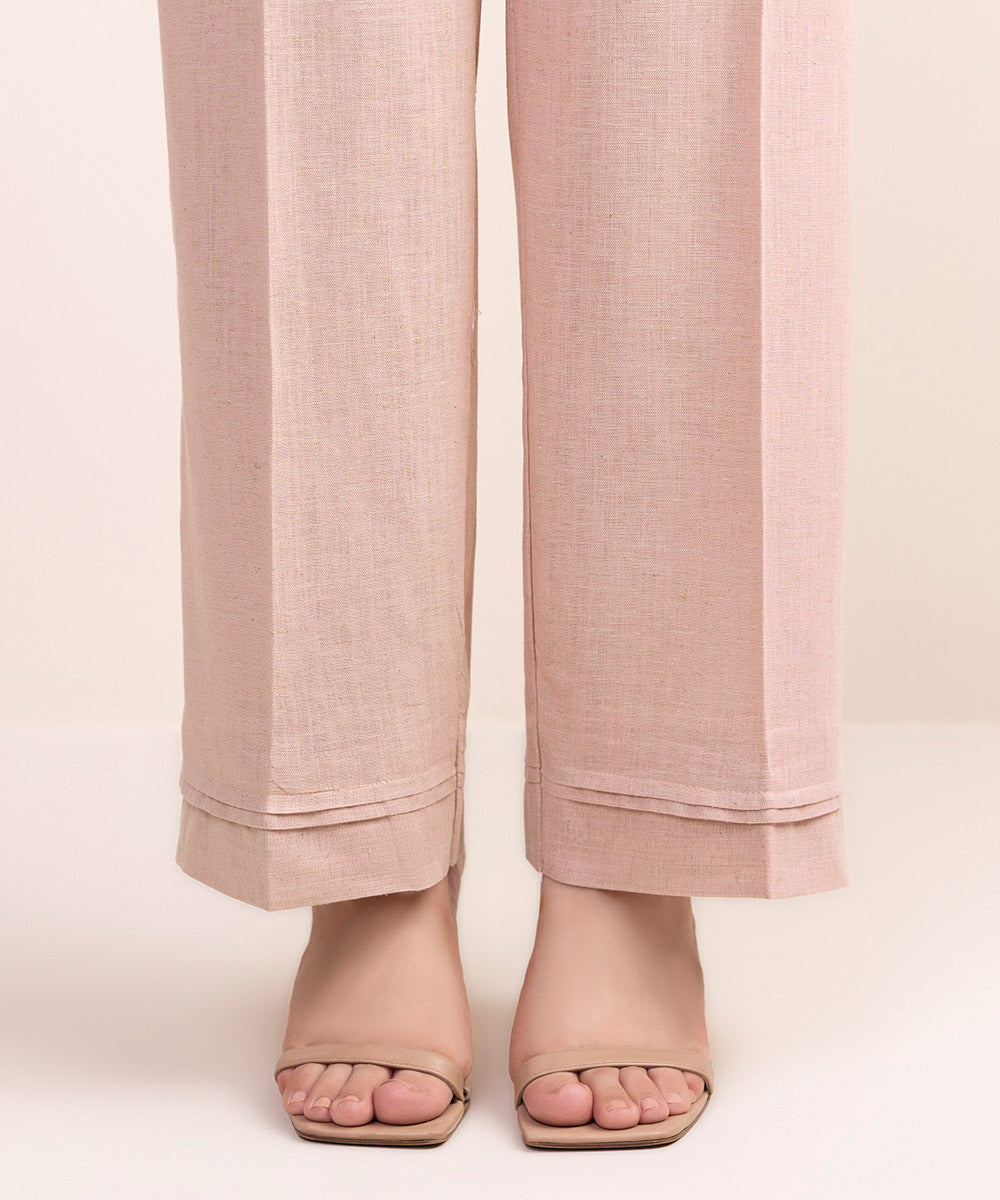 Women's Pret Cotton Linen Pink Solid Straight Pants