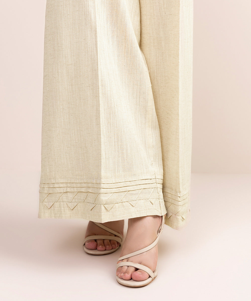 Women's Pret Cotton Linen Off White Solid Flared Pants