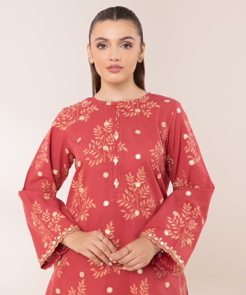 Women's Pret Extra Weft Jacquard Embroidered Red A-Line Shirt