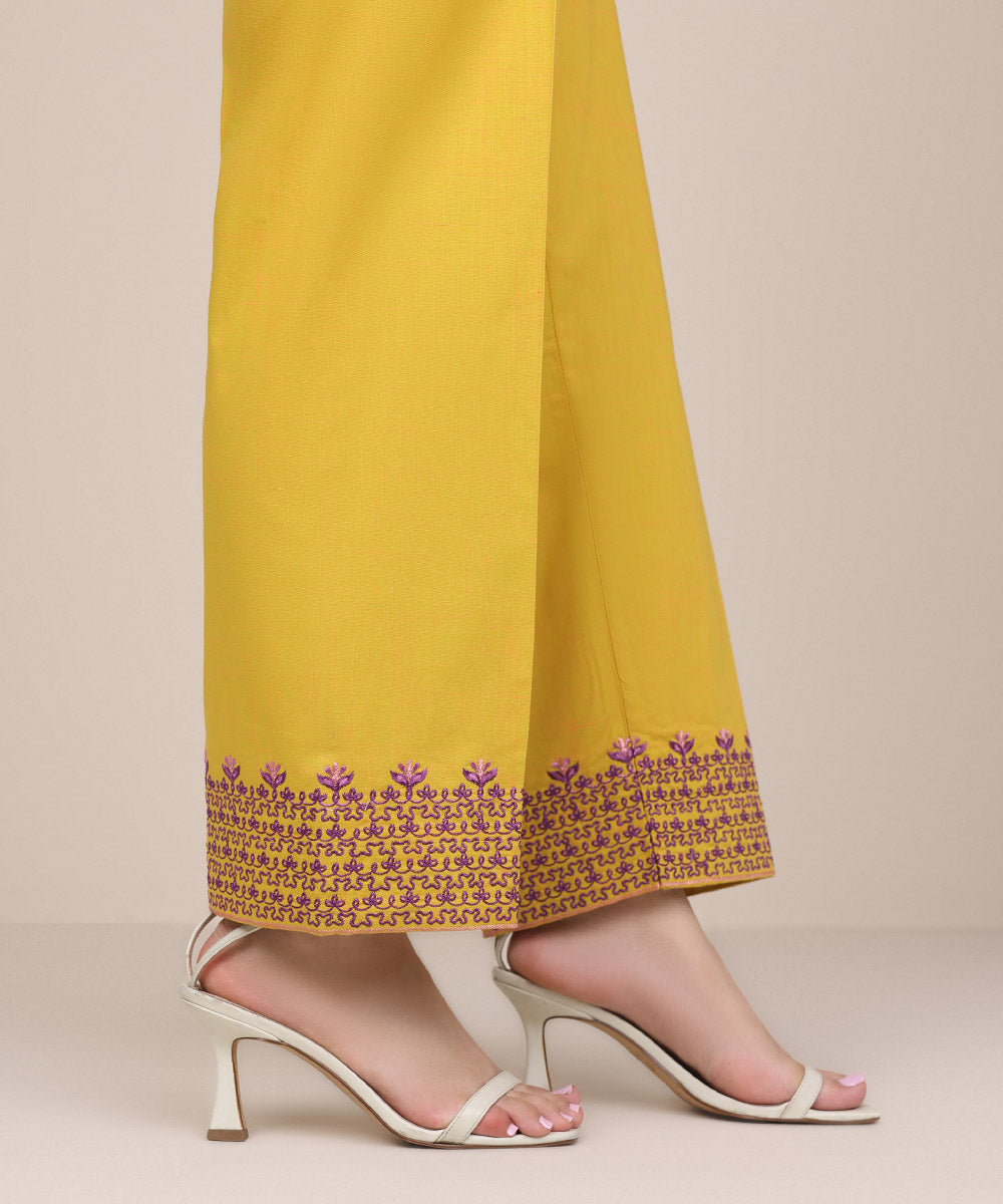 Women's Pret Textured Cotton Yellow Embroidered Straight Pants