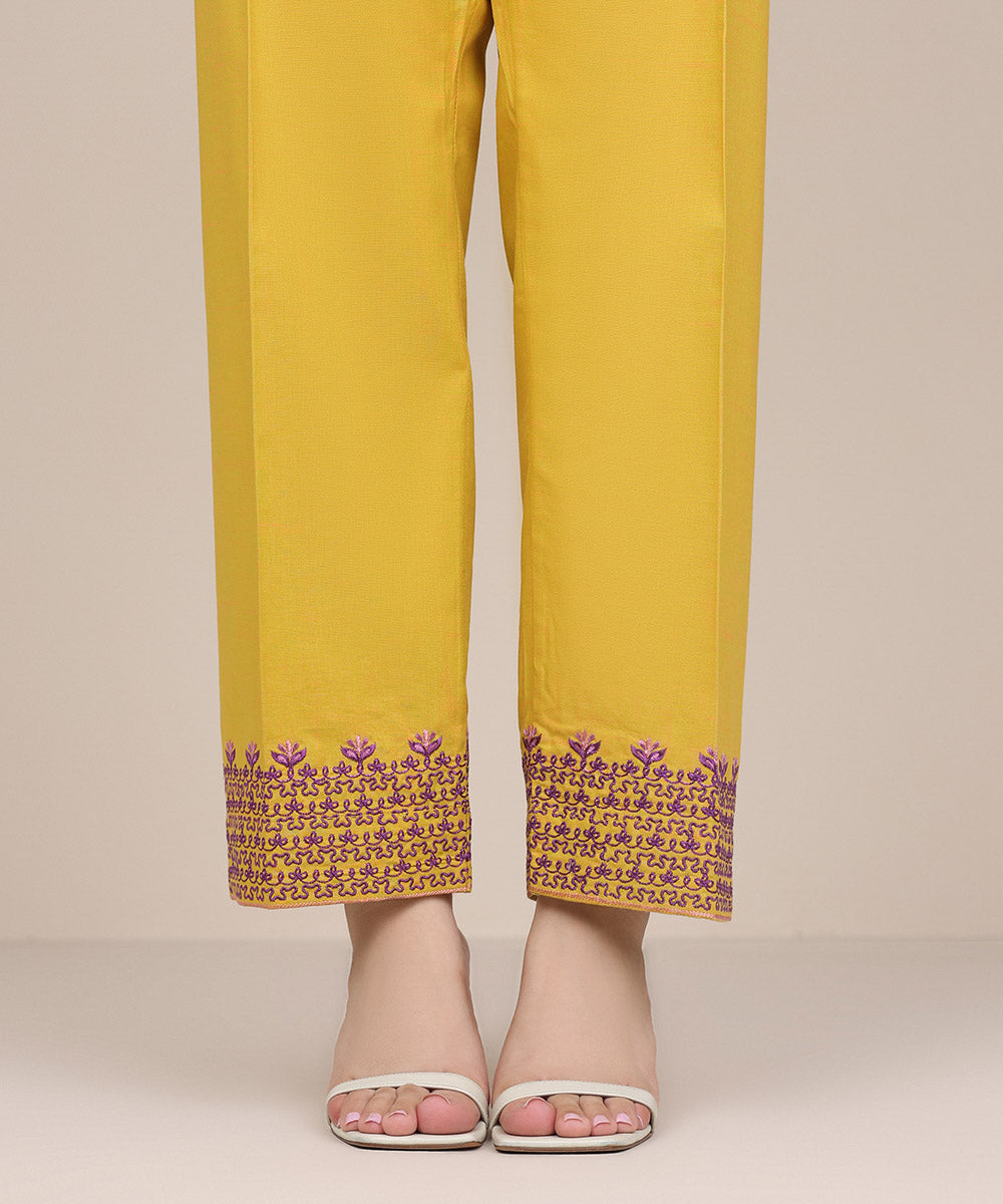 Women's Pret Textured Cotton Yellow Embroidered Straight Pants