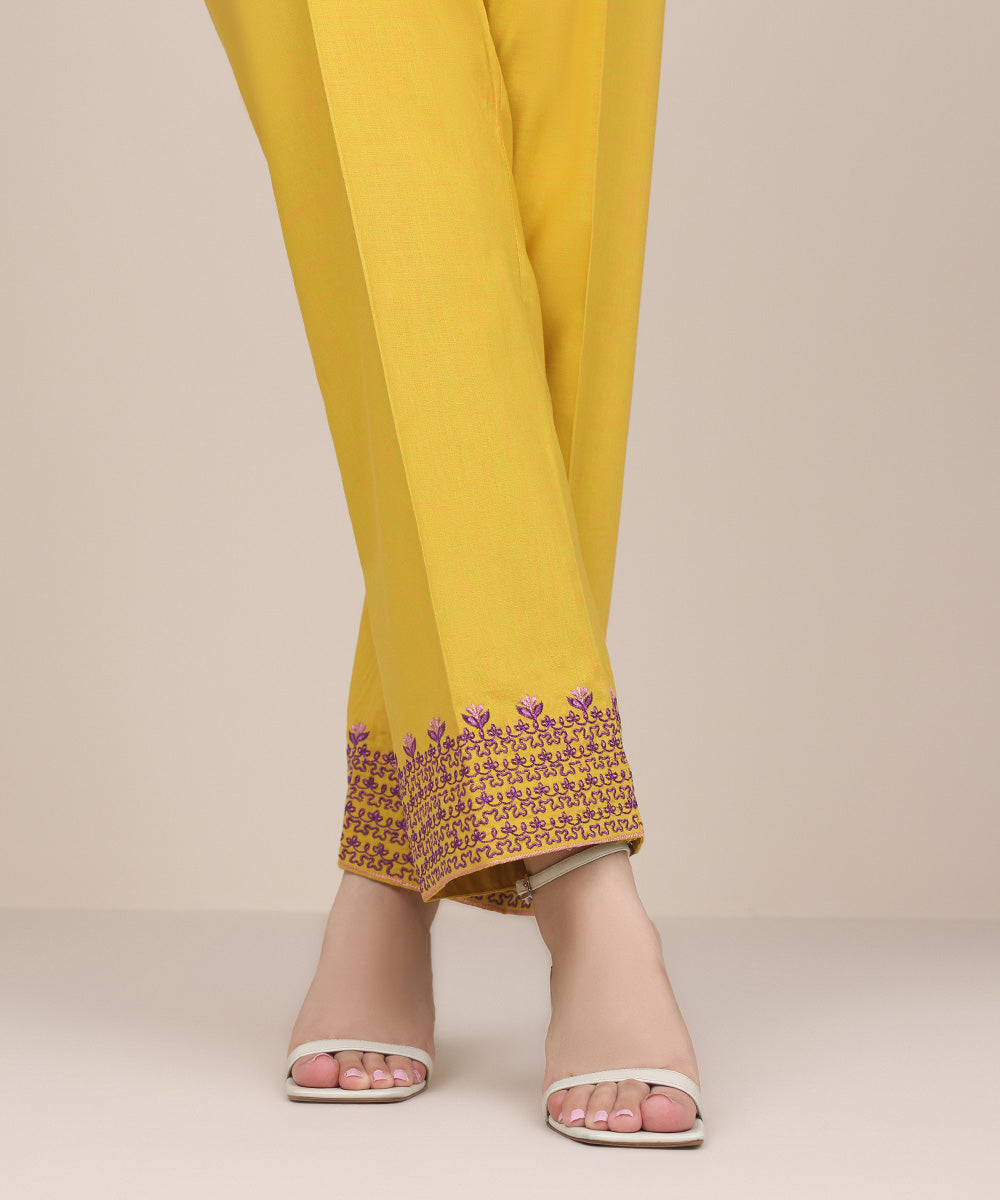 Women's Pret Textured Cotton Yellow Embroidered Straight Pants